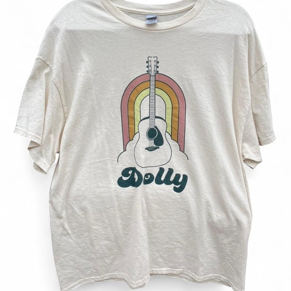 Dolly Cream Tee UNISEX TEE with Guitar and Rainbow Design